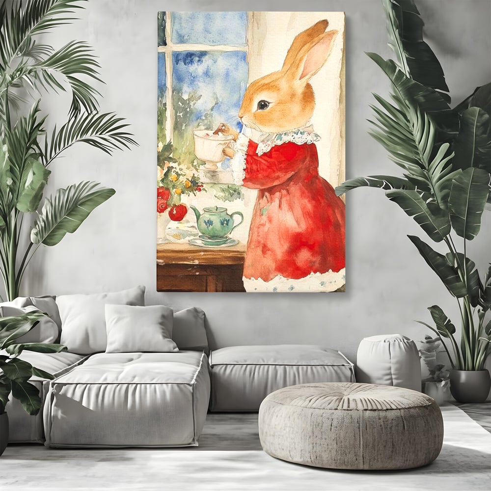 Tablou canvas cu tablou canvas cu iepuras care bea ceai, fara rama, pe sasiu de lemn, pe perete intr-un living